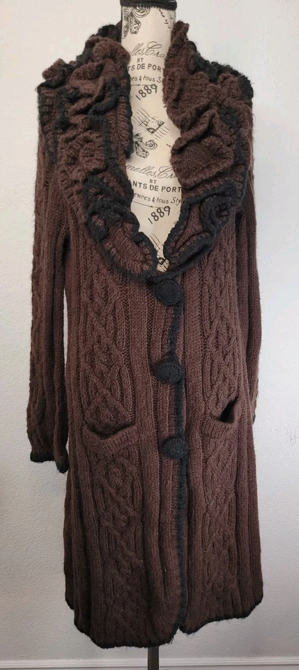 BCBG Max Azria Duster Long Cardigan Sweater Womens XL Wool Mohair Double Ruffle - Image 2 of 4