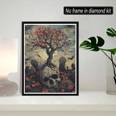 Rose Tree Growing on Skull in Graveyard 5D Diamond Drill Dot Gem Art Kit Roses !