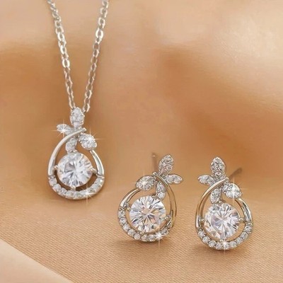Real Moissanite 3Ct Round Cut Women Earrings Set Pendant 14K White Gold Plated