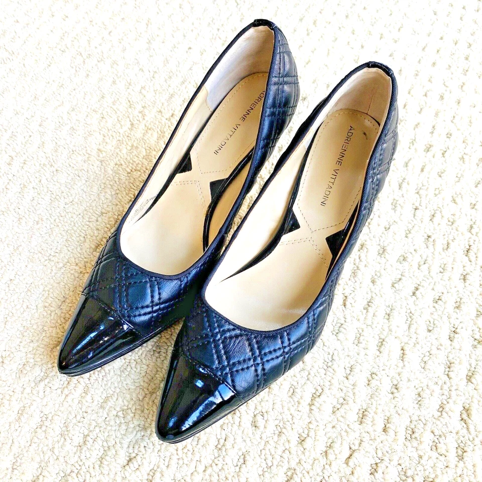 Adrienne Vittadini 'Jantine' 黑色绗缝皮革高跟鞋浅口鞋 7.5 米 — 第 2/4 张图片