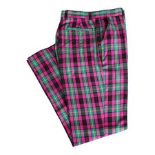 Mens 32 Pink Green Plaid Pants Cotton Tartan Check Straight Fit Dress Trousers