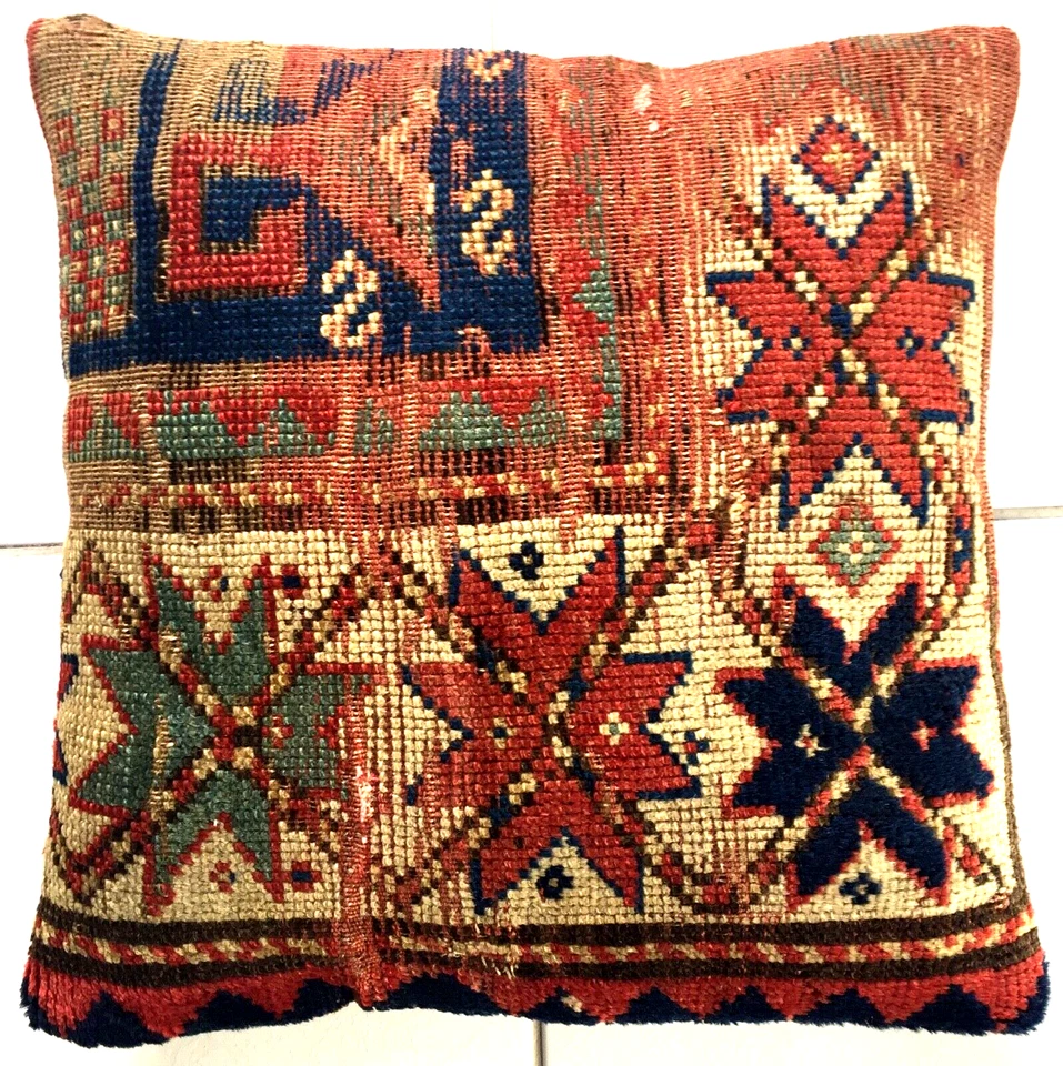 Antik Retro Kissen Teppich Kaukasus Handgeknüpft Beige Caucasus Rug Cushion - Bild 3 von 4