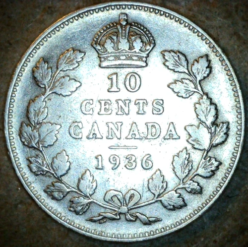 1936 Canadian 80% Silver 10 Cents King George V Circulated Canada Dime
