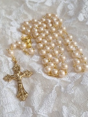 CREAM WHITE GLASS PEARL GOLD FINISH ROSARY - MADE IN CZECH