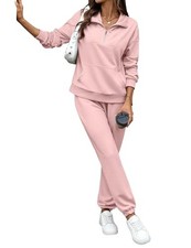 Women's Cozy 2 Piece Outfits Lounge Sets Long Sleeve Half Zip Medium Pink