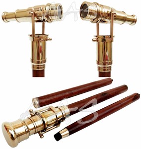 Vintage-Brass-Telescope-Hidden-Cane-Folding-Wooden-Walking-Stick-Nautical-Gift