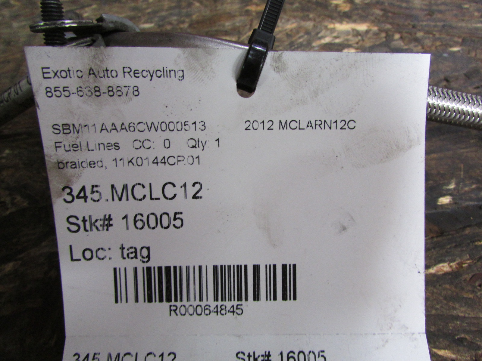 Mclaren MP4-12C Braided Fuel Line, Used, P/N 11K0144CP.01