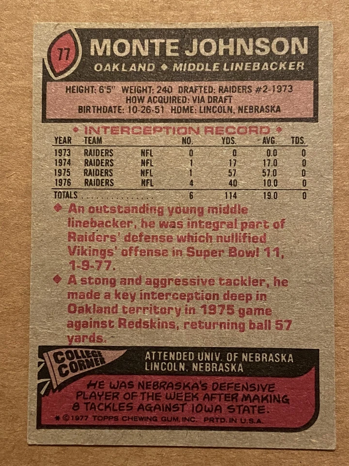 MONTE JOHNSON Signed ROOKIE 1977 Topps #77 Raiders Nebraska RC Autograph Auto - Image 2 of 2