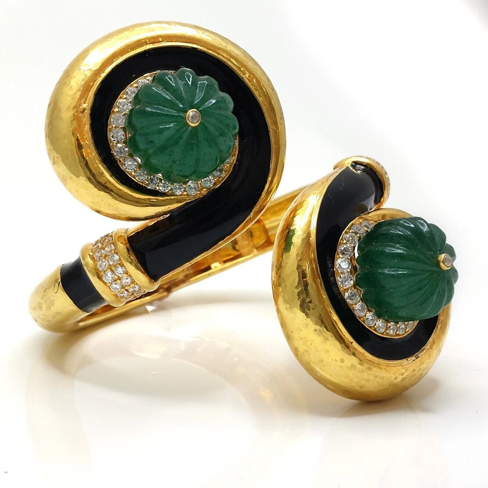 14k Yellow Gold Plated Emerald Cuff Bracelet 0.89 Ct Round Moissanite & Enamel - Image 3 of 4