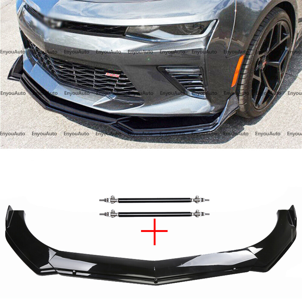 For Chevrolet Corvette Front Bumper Lip Spoiler + Strut Rods Glossy Black