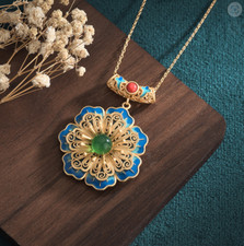 Jade Crystal Pendant Necklace Charm Gold Plated Flower Retro Dainty Gemstone