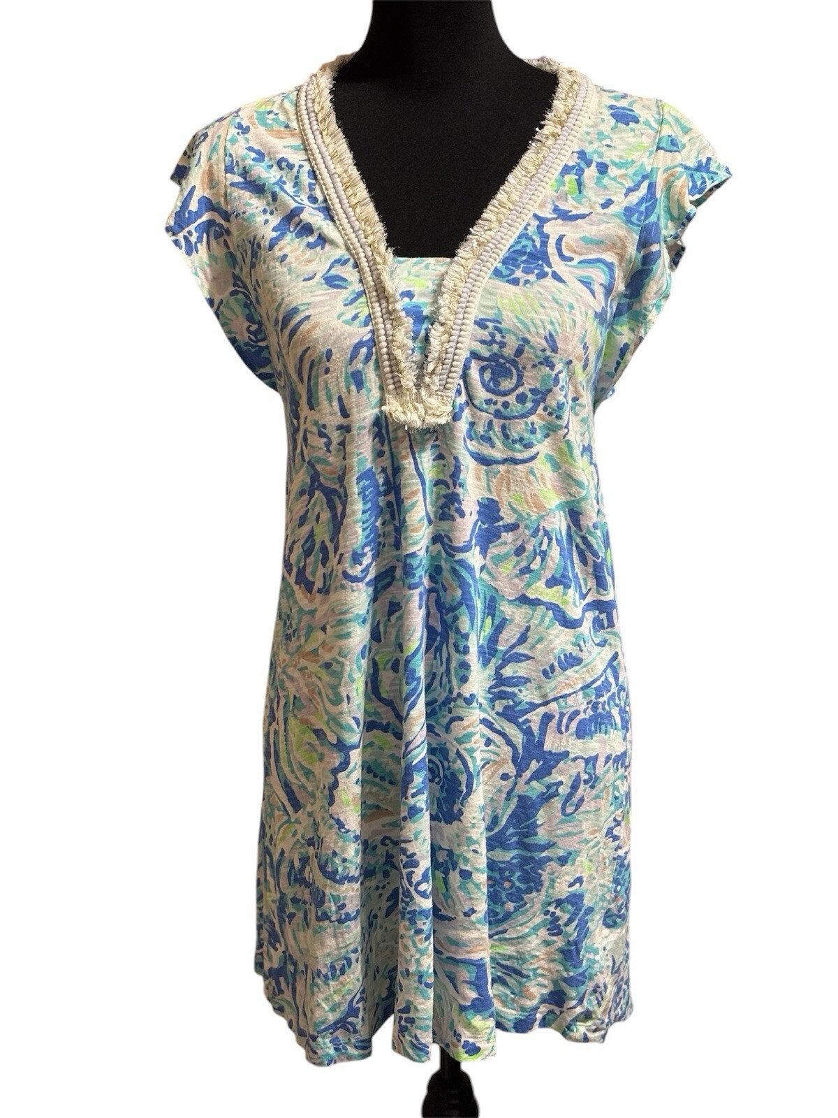 Lilly Pulitzer Zandra Dress in Bennett Blue Salty Seas Fringe XXS Tropical Beach Style