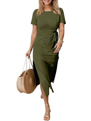 Women's Short Sleeve Crewneck Maxi Dress Tie Waist Casual Slim Fit Slit Long Dre | eBay Women's Short Sleeve Crewneck Maxi Dress Tie Waist Casual Slim Fit Slit Long Dre | eBay