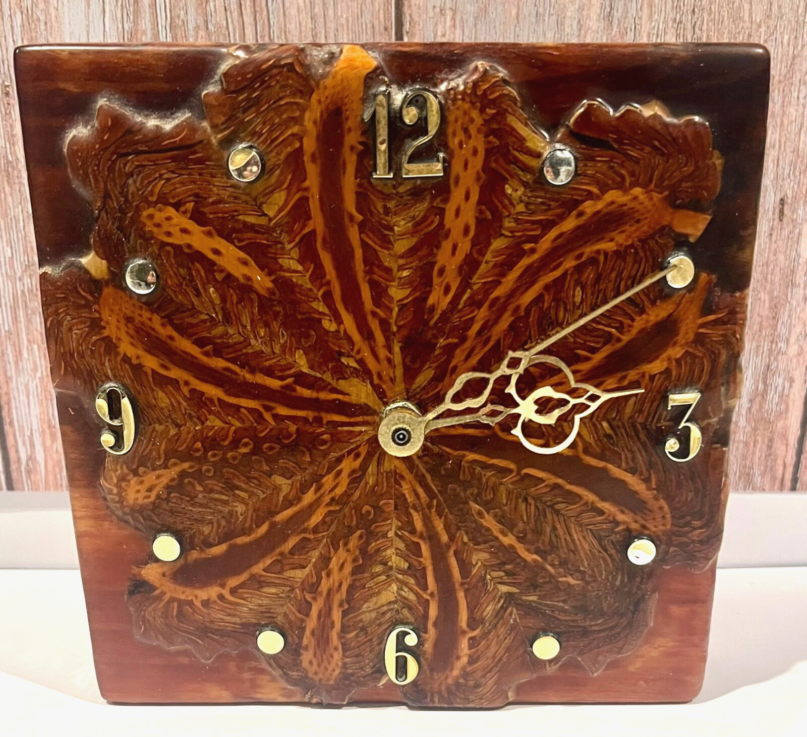Vintage Unique Natural Wooden Carved Design Square Wall Clock 7" x 7" Test Works