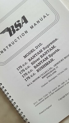 BSA BANTAM D10 175cc BEDIENUNGSANLEITUNG REPRODUZIERT SPORT SILBER SUPREME BUSHMAN