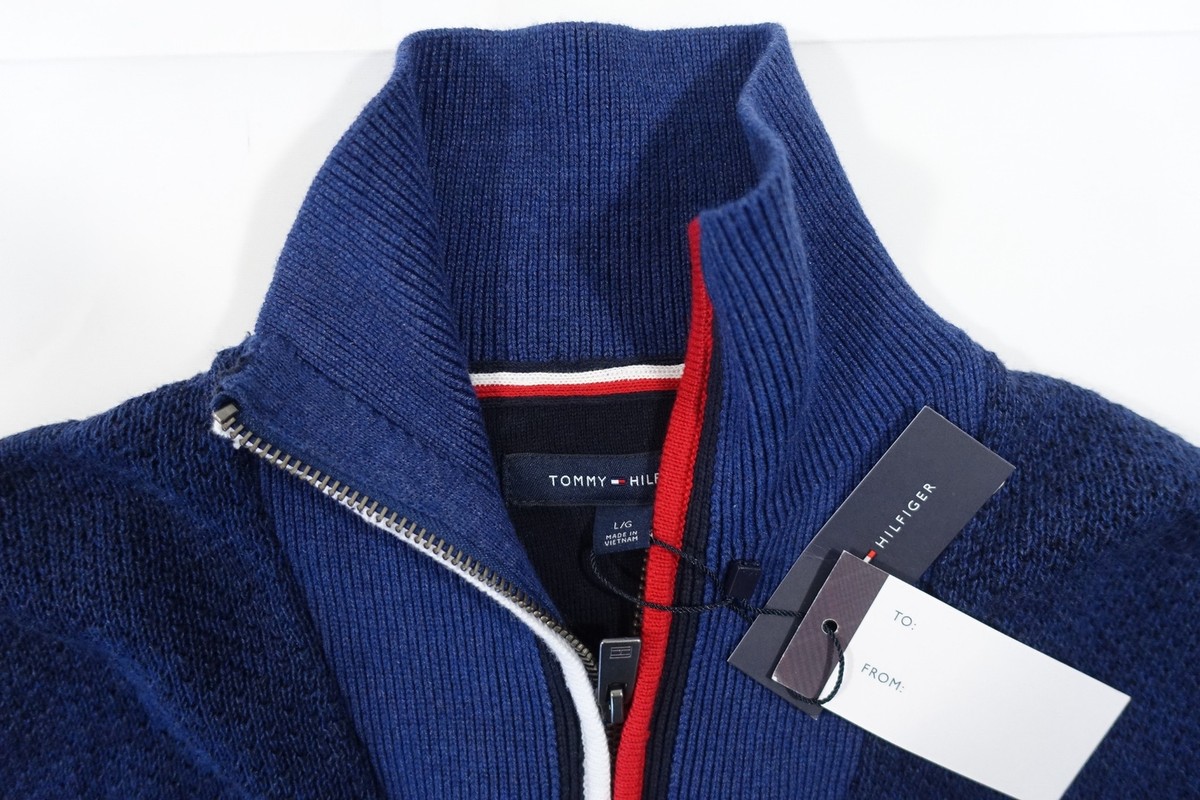 TOMMY HILFIGER 78J6537 NAVY BLUE WOVEN HALF ZIP MOCK NECK SWEATER  