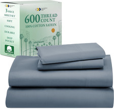 Luxury Twin Sheet Set, 100 Cotton Sateen, 600 TC, Deep Pocket - Blue