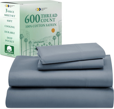Luxury Twin Sheet Set, 100% Cotton Sateen, 600 TC, Deep Pocket - Blue
