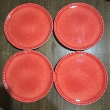4 Heavy Duty Dinner Plates 11” Plastic Red Texture Trim Ceramic Look Unbranded