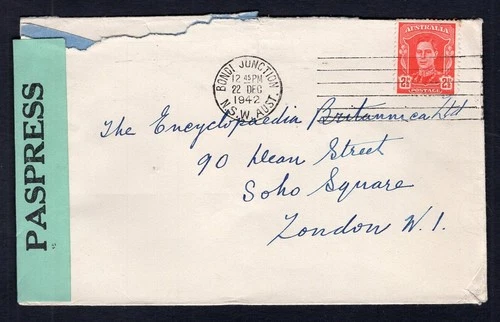 AUSTRALIA 1942 PASSPRESS Censored Cover to England