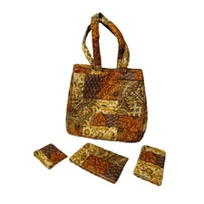 Daren's Bags Quilted Patchwork Tote Purse  with Accessories Brown Yellow Orange