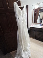 STUNNING Ivory Satin Lace Wedding Dress   Deep V Corset   Long Lace Sleeves  ...