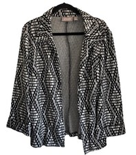 Chico  s Black/White Diamond Stretch Jacket Open Front Cuff Sleeves Sz 2 EUC