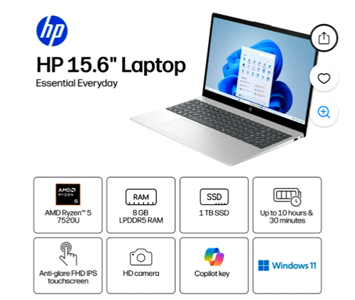 HP 15.6 inch FHD IPS Touch Windows Laptop AMD Ryzen 5 7520U 8GB 1TB SSD