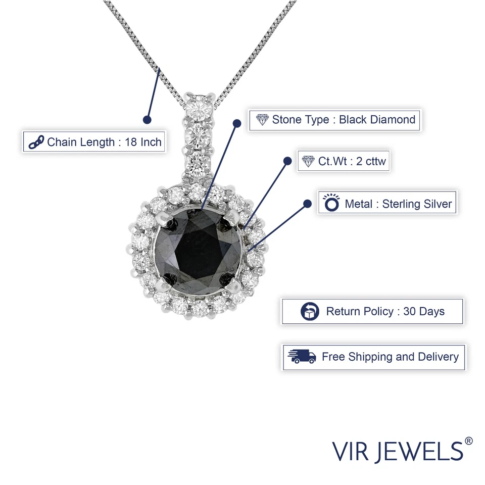 2 ct Black and White Diamond Pendant Necklace for Women in .925 Sterling Silver - Image 3 of 4