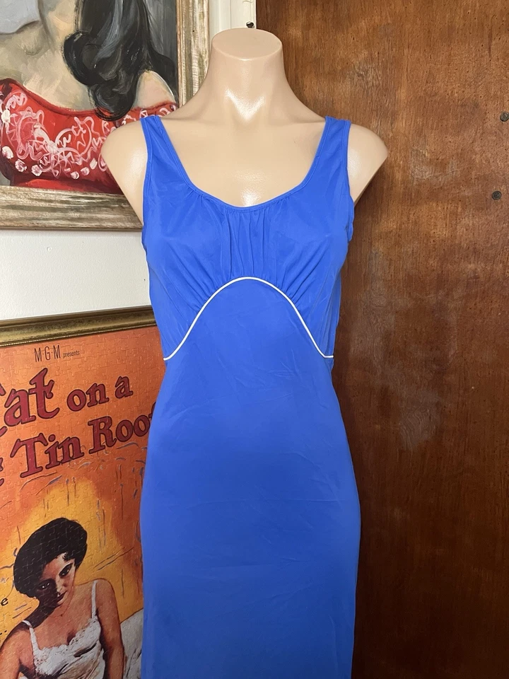 Vtg 60s Blue Nylon Sporty Mod Cool SEARS Maxi Long Nightgown Slip dress 36 S/M - Image 3 of 4