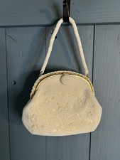 Vintage MCM 1950  s Ivory White Beaded Evening Bag w/Gold Accents - Made in Japan