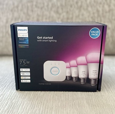Philips Hue Starter Kit E26 4 Bulbs 1 Bridge 75W 1100 Lumens Dimmable NEW SEALED