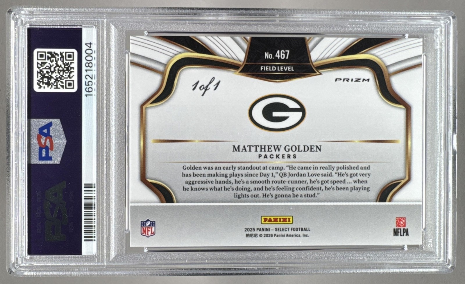 Matthew Golden 2025 Panini Select #467 Pink Prizm Field Level RC 1/1 PSA 10 view 2