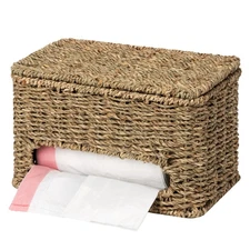 Trash Bag Holder with Lid, Wall Mount Seagrass Plastic Bag Holder for Kitchen...