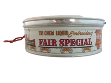 Vintage Tri Chem Liquid Round Embroidery Tin ~ FAIR SPECIAL