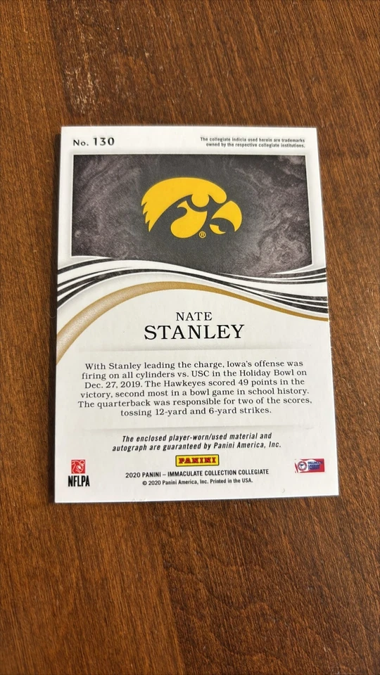 Nate Stanley 2020 Immaculate Rookie Patch Auto Silver #130 Iowa Vikings /49 RC - Image 2 of 2
