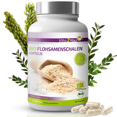 Vita2You Bio Flohsamenschalen Kapseln - 360 Kapseln - 750mg je Kapsel -Flohsamen