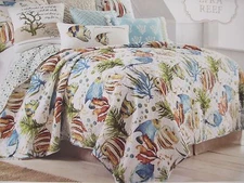 LYRA REEF Cotton Tropical Coastal Beach Fish White Blue Green Quilt - Full/Queen