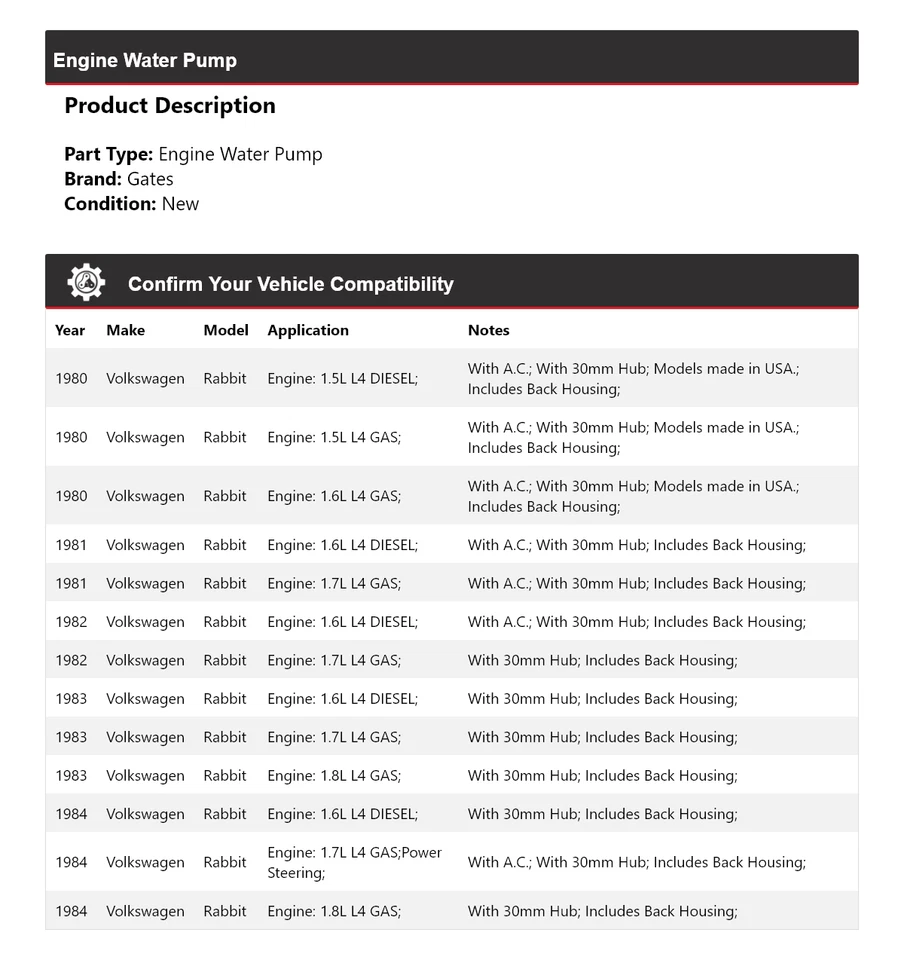 Puertas bomba agua motor Volkswagen Rabbit 1980-1984 1981 1982 1983 Foto 2 de 4
