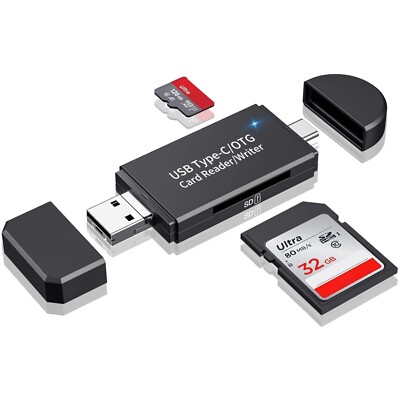 SD-Kartenleser mit 3 Anschlüssen für USB, Micro SD & USBC, OTG Adapter