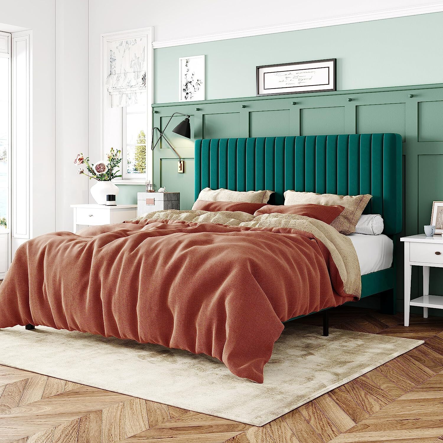 Velvet Upholstered Platform Bed & Adjustable Headboard, Green