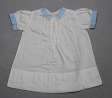 Vintage Handmade Dress Baby Girl White Blue Cotton Short Sleeves Embroidered 30s