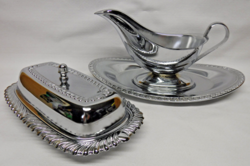 Vintage 70s matching set Irvinware Silver Chrome Plated Butter Dish & Gravy Boat - Afbeelding 1 van 10