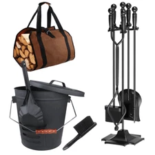 Steel Ash Bucket with Lid Shovel Brush,Firewood Carrier Bag,5Pcs Fireplace Tools