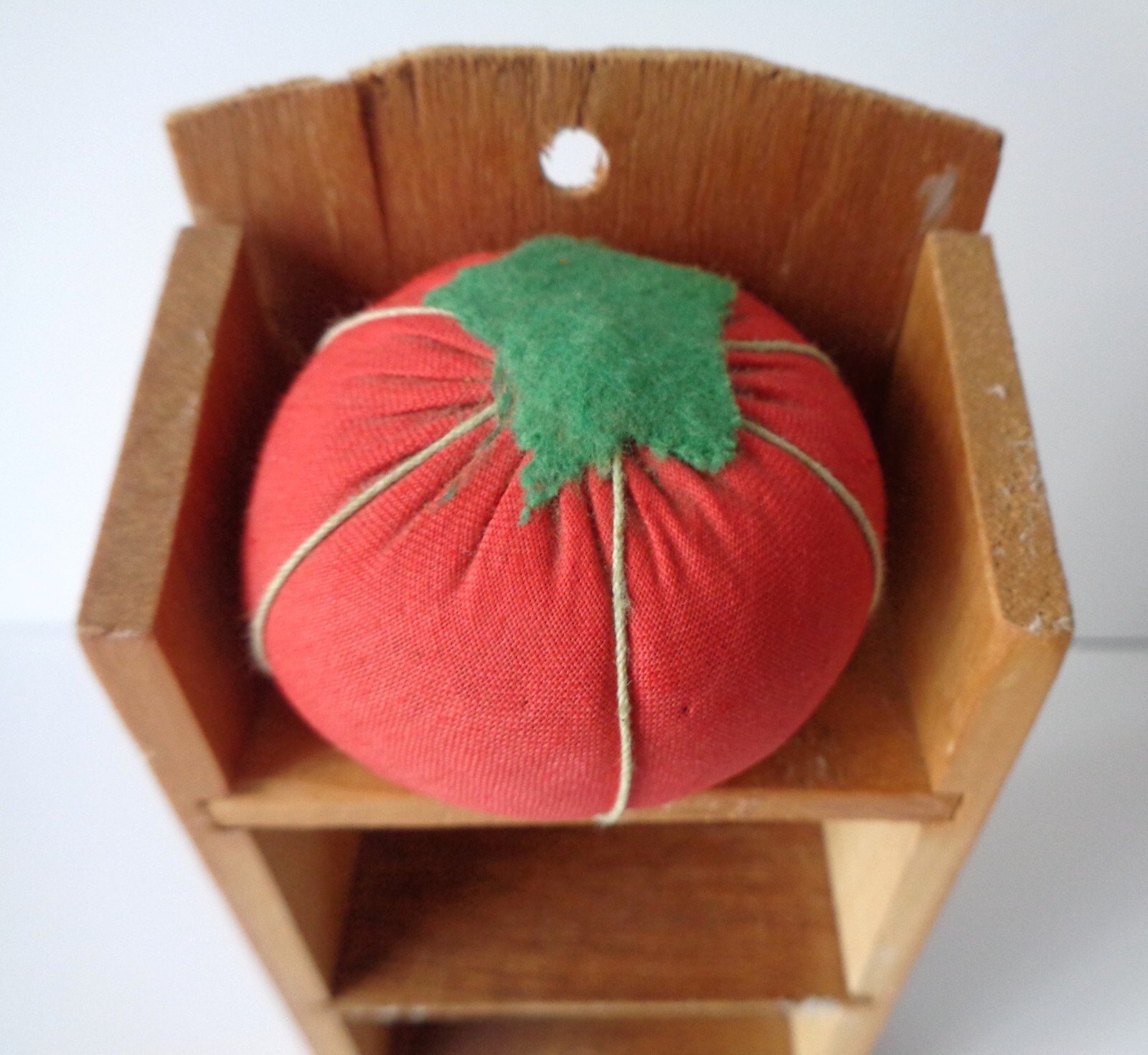 VTG WOODEN SEWING NOTIONS BOX RED TOMATO PINCUSHION 3DRAWER FLORAL ...