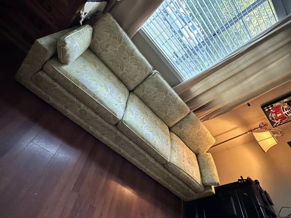 VTG MCM Low Rise Couch 97”x32.5”x28” Yellow Floral Pastel Blue Flowers Pattern - Image 2 of 4