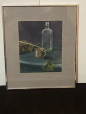 Original R. Bienert Watercolor “Still Life W/ Sterling Cup, Bottle, & Feather”