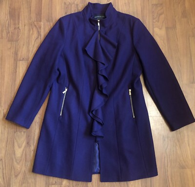 Centigrade Outerwear Purple Wool Dress Coat Warm Winter Ruffle Gold Zip-Up Large