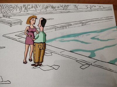 SAMMY CARTOON PRODUCTION CEL x2 SKETCH DAVID SPADE dancing by pool original art 