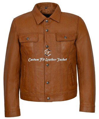 Herren Trucker Echt Leder Jacke Hellbraun Napa Western Mode Biker Style 1280